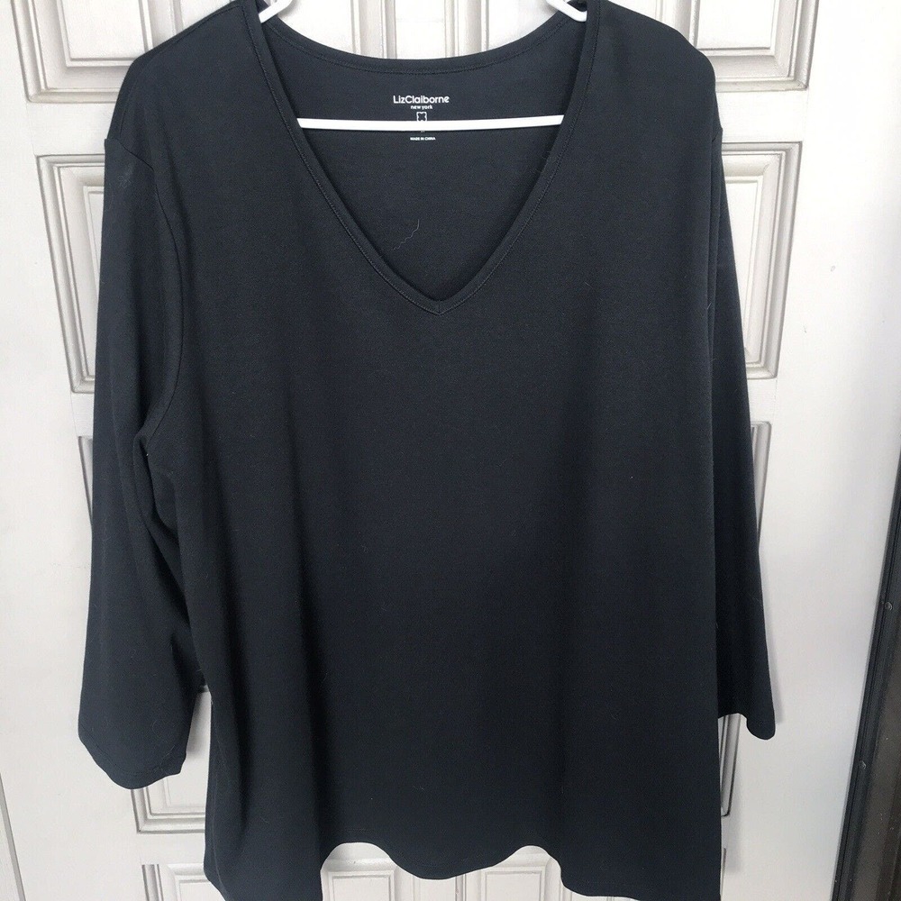 Liz Claiborne T Shirt Sz3X Black Long Sleeves V Neck Simple Design Pre-Owned